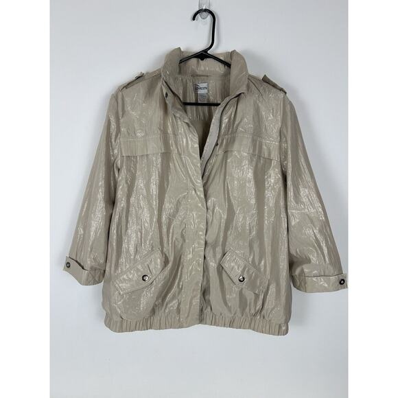 Chico's Jackets & Blazers - Chico’s Women’s Rain Jacket Hoodie Size 2 Beige 3/4” Sleeve Metallic Tan